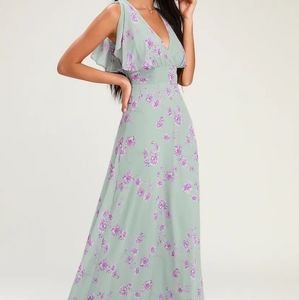 Sage Green Floral Print Flutter Sleeve Maxi Dress